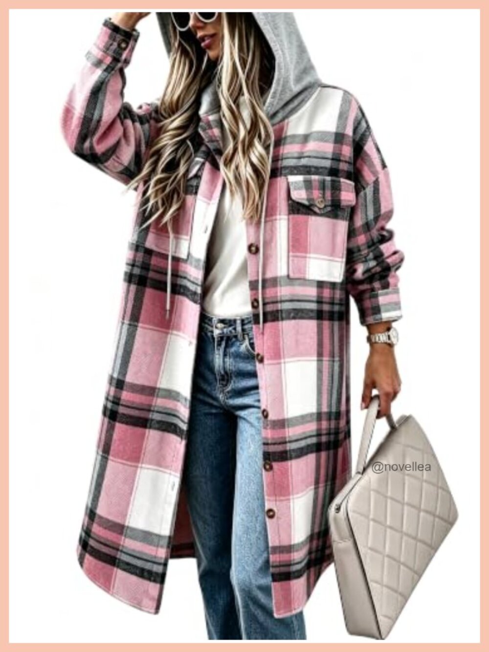 Womens Long Plaid Flannel Hooded Shacket Jacket Oversized Boyfriend Fit Button